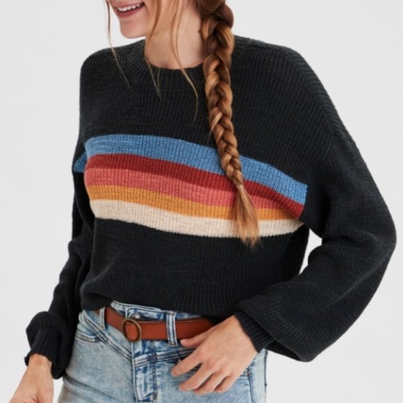 American Eagle Outfitters Sweaters - AE RAINBOW STRIPED PULLOVER CHARCOAL SWEATER